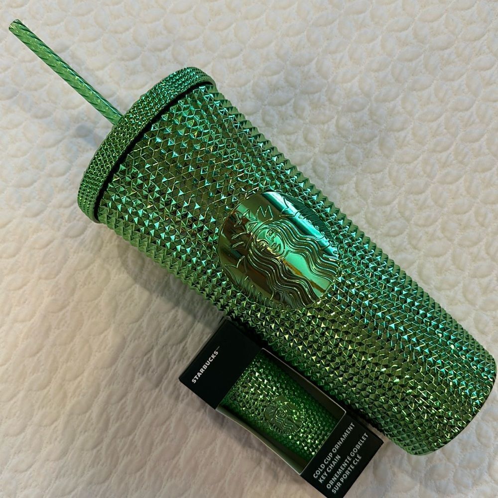 Starbucks 24oz Reusable Green Studded Tumbler and Key Chain Ornament